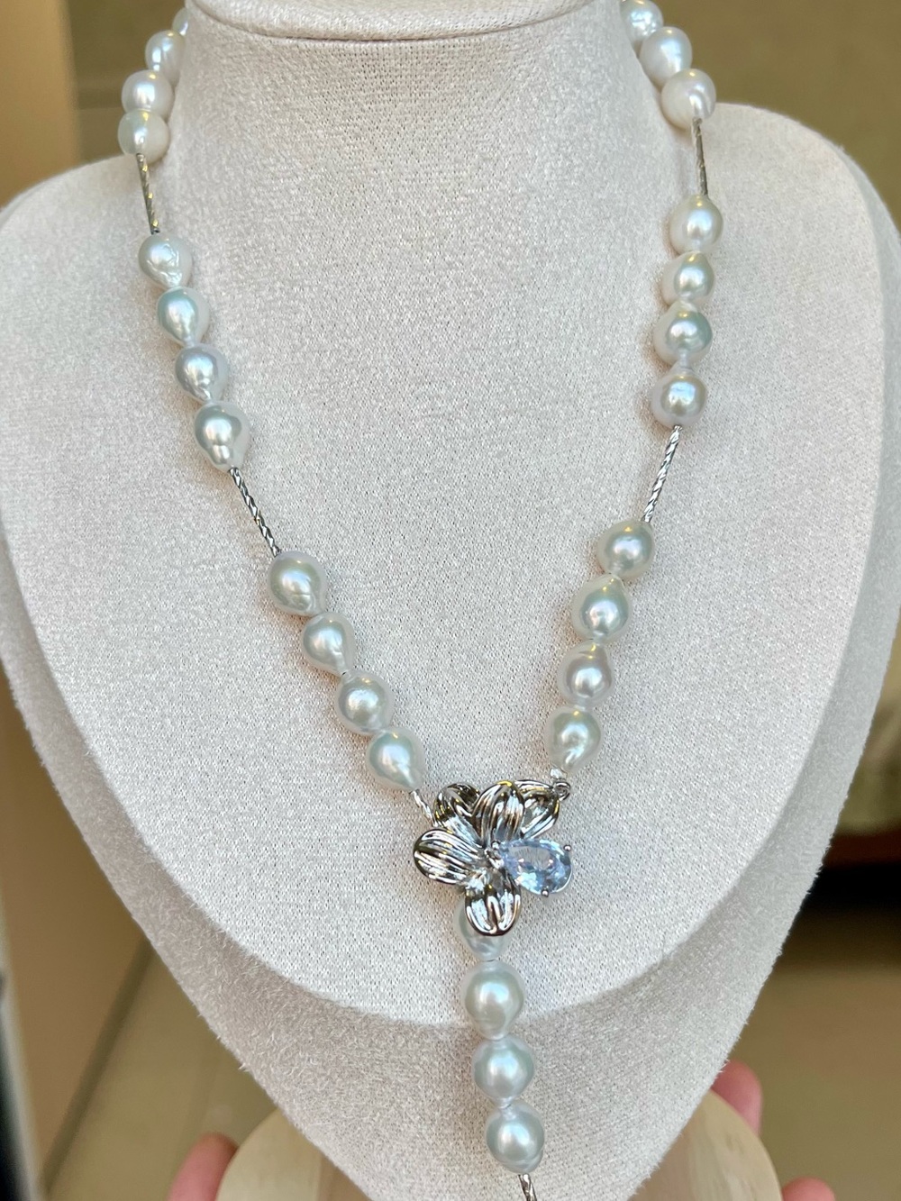 Freshwater Pearl Drop Necklace with Silver Floral Accent - White Pearls